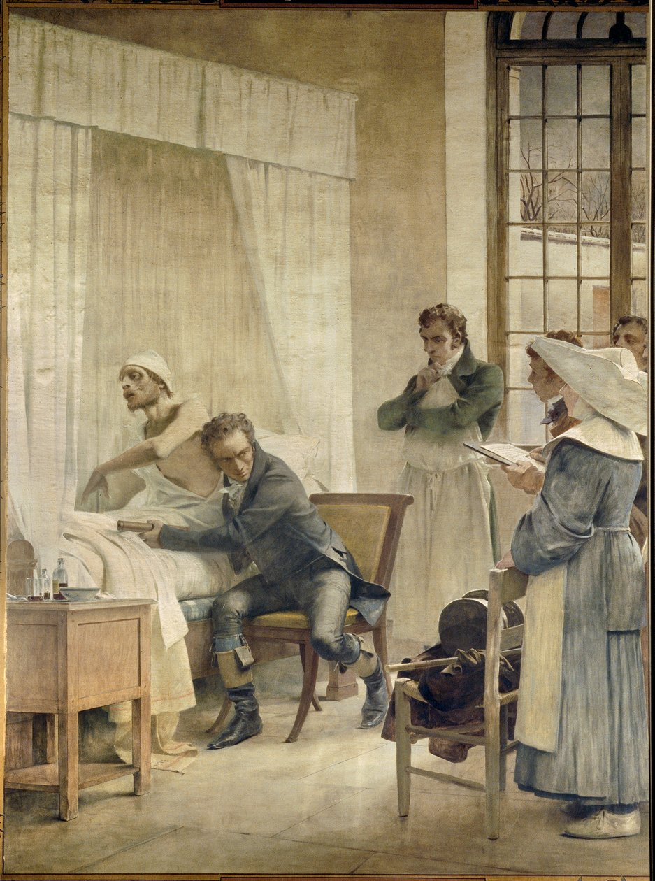René Laennec onderzoekt een patiënt voor zijn studenten. René-Théophile-Hyacinthe Laennec, Franse arts, uitvinder van de stethoscoop. Fresco door Theobald Chartran