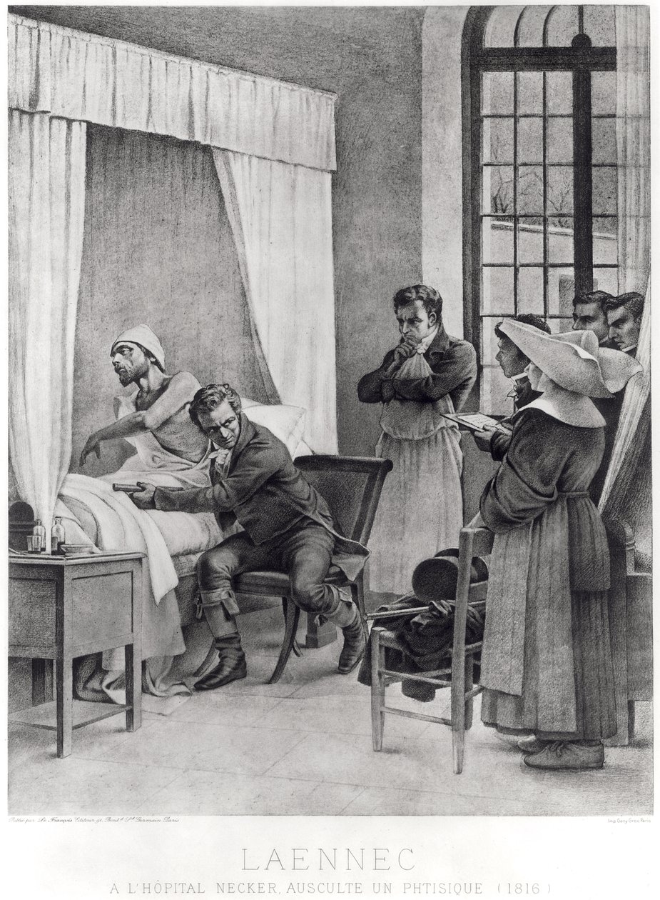 Rene Theophile Hyacinthe Laennec luistert naar de borst van een man met tuberculose door Theobald Chartran