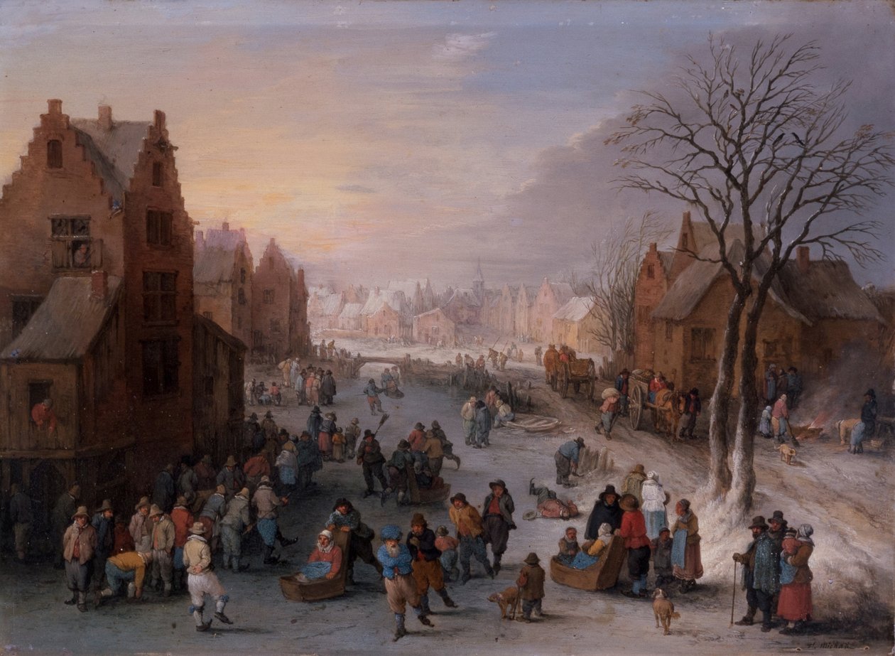 Een winterstadsgezicht met talrijke figuren door Theobald Michau