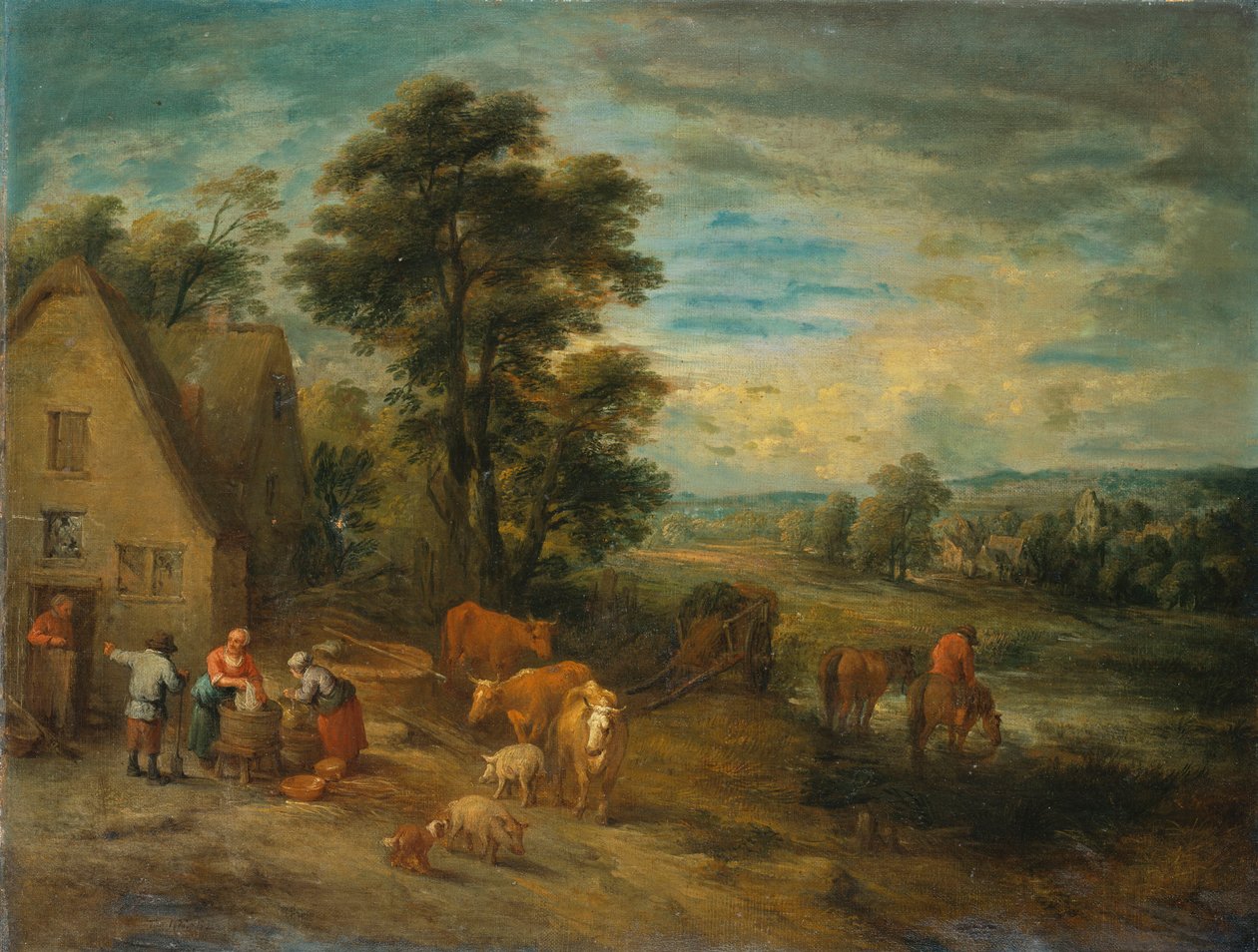 Landschap met Boeren en Vee bij een Huisje door Theobald Michau