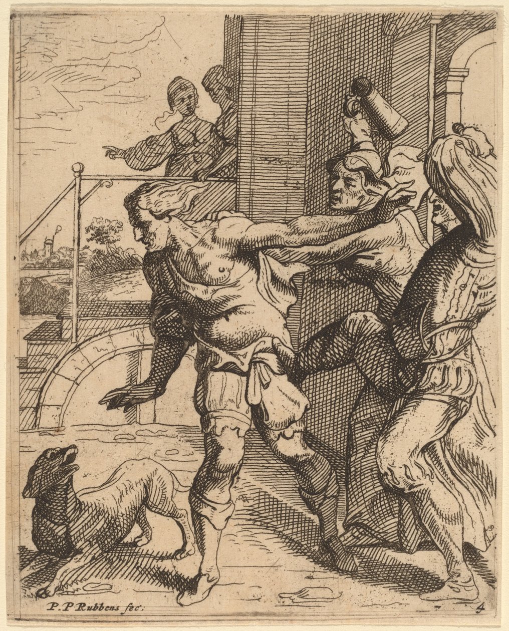 De verloren zoon verdreven uit de taverne door Theodoor van Thulden after Sir Peter Paul Rubens