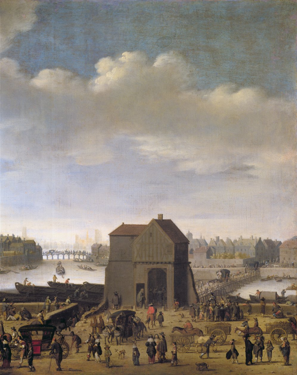 Uitzicht op de brug en Quai de la Tournelle, ca. 1645 (detail) door Theodor Matham