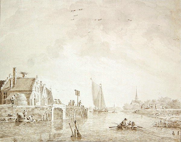 Schepen in een estuarium bij een dorp met een stad in de verte door Theodor Verrijk