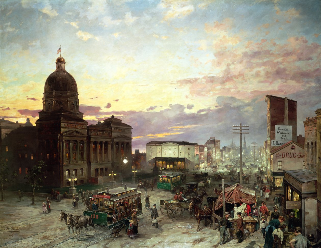 Washington Street, Indianapolis bij schemering door Theodor Groll