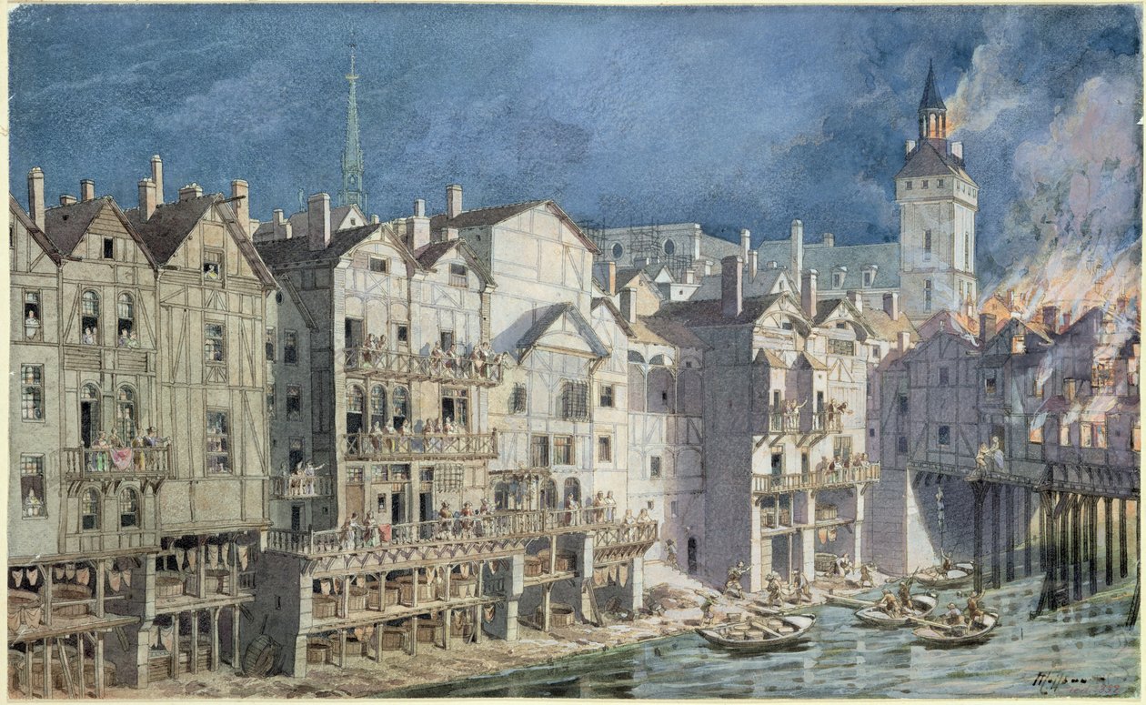 Brand bij de Pont aux Meuniers in 1621 door Theodor Josef Hubert Hoffbauer