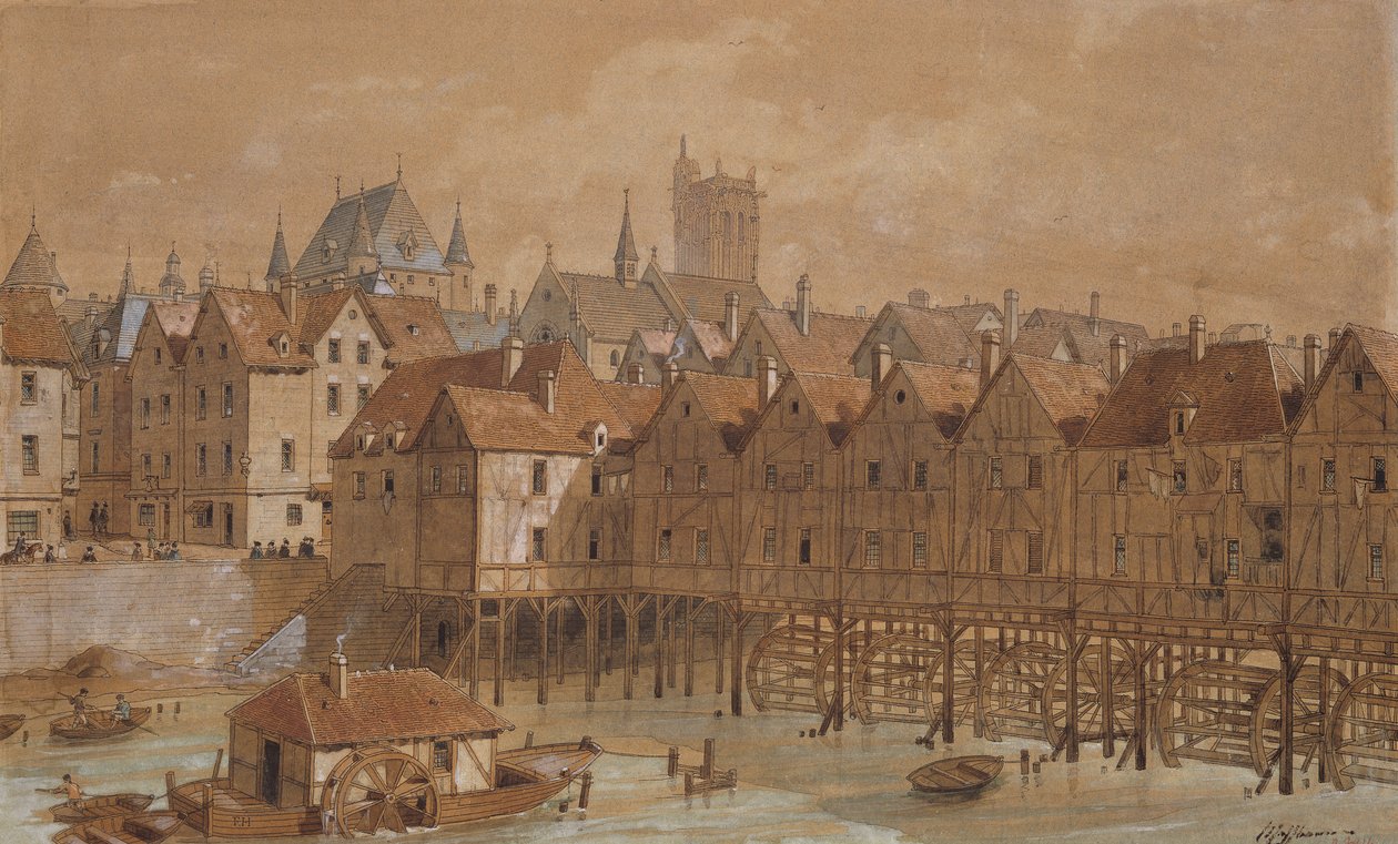 Het Grand Chatelet en de Pont aux Meuniers door Theodor Josef Hubert Hoffbauer