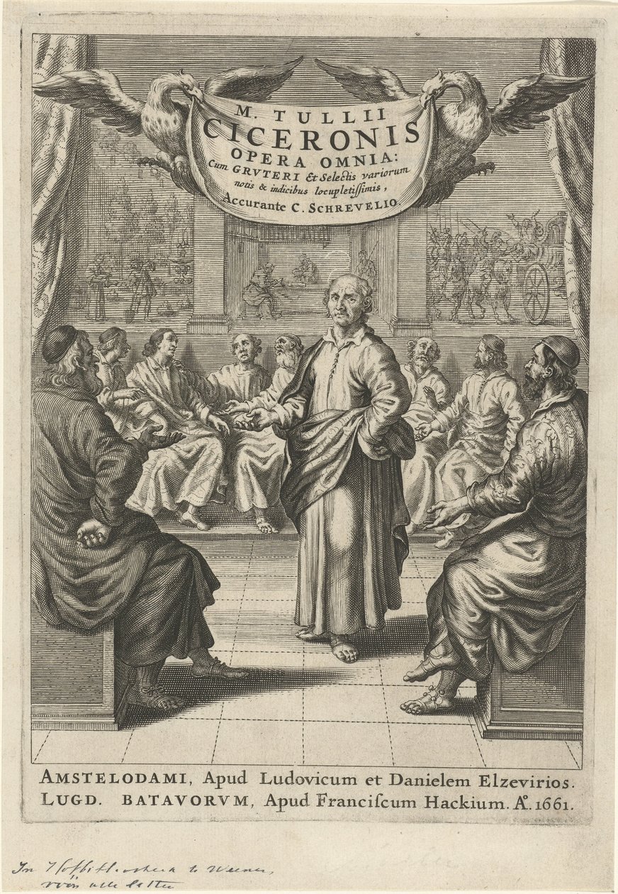 Cicero en discussiërende figuren (Titelpagina voor: Cicero, opera omnia, 1661) door Theodor Matham