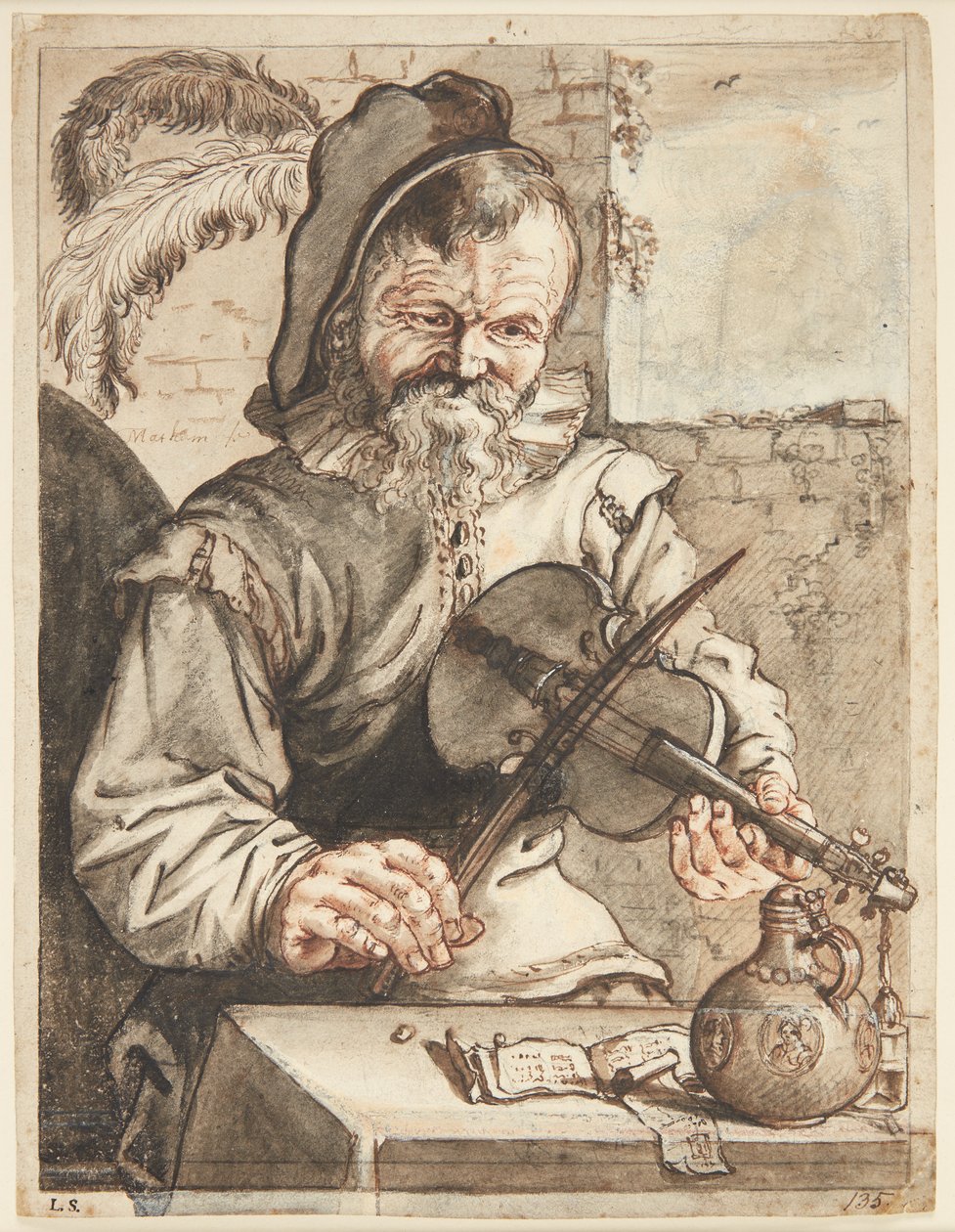 Een Violist, Halffiguur en Face, Zittend voor een Tafel met Bladmuziek, een Kruik en een Glas door Theodor Matham