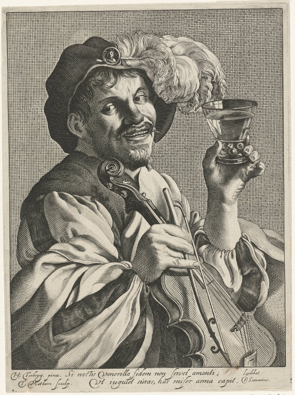 Man met viool en roemer door Theodor Matham