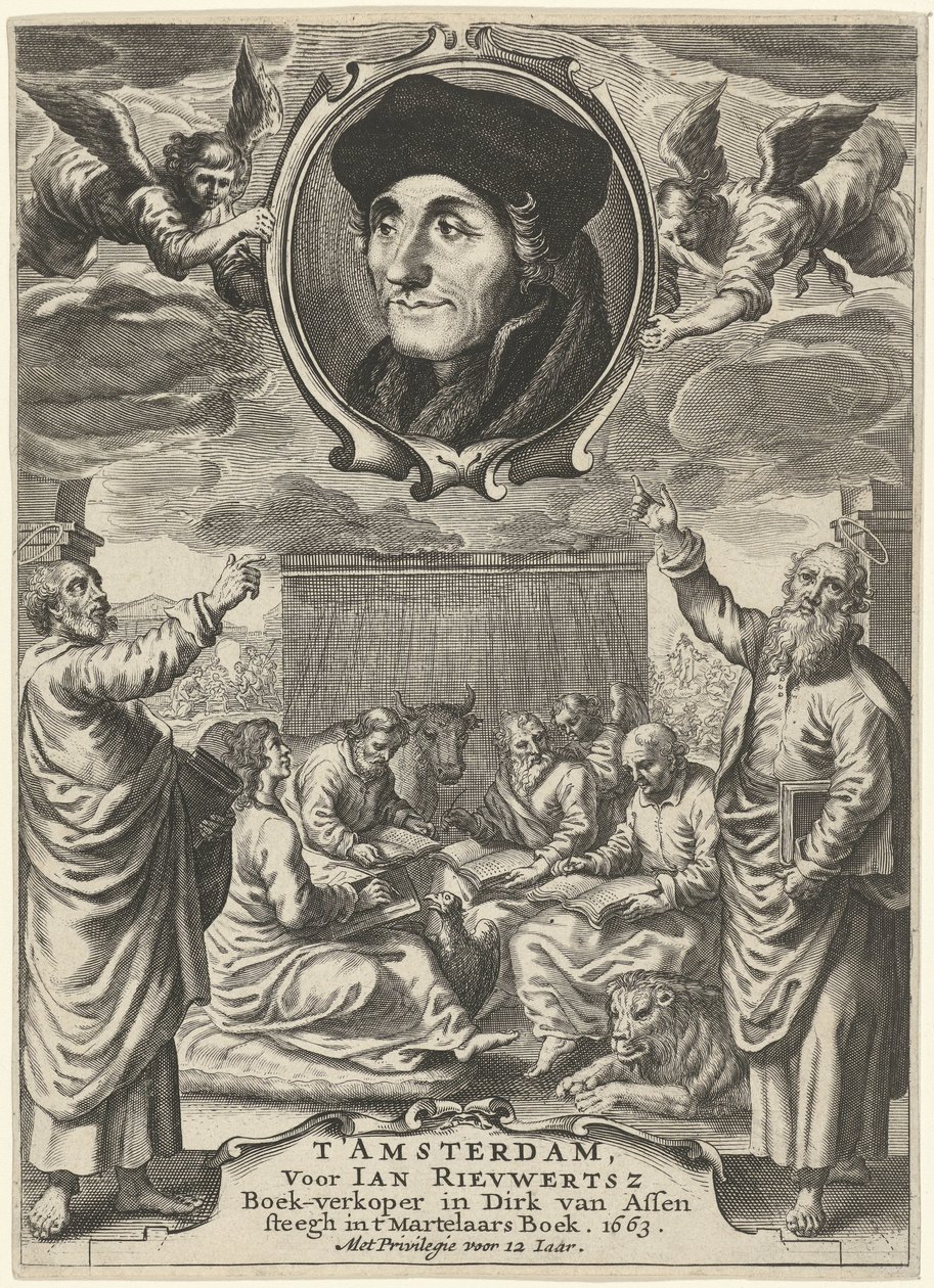 Portret van Erasmus boven vier evangelisten door Theodor Matham