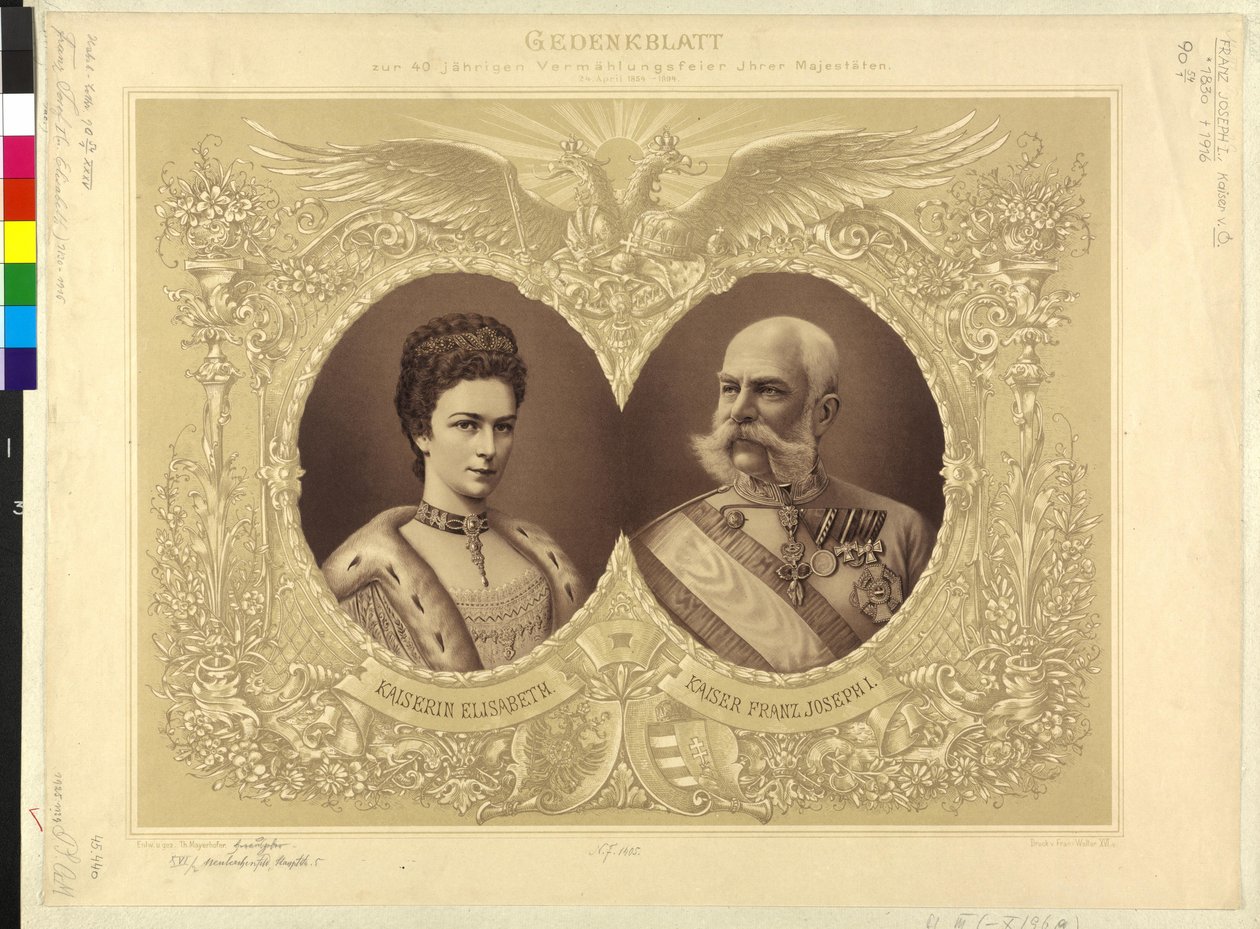 Keizer van Oostenrijk met familie Herdenkingspapier van de 40-jarige huwelijksceremonie van Hare Majesteit 24 april 1854 1894 door Theodor Mayerhofer