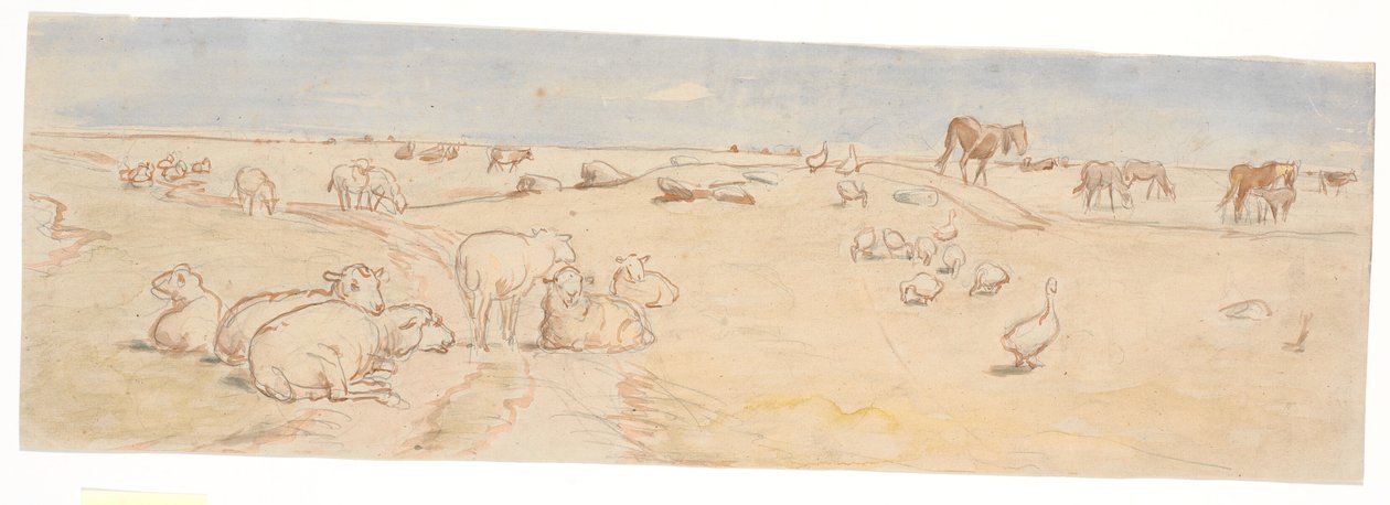Schapen en ganzen op Saltholm (schets voor decoratie van punchkom) door Theodor Philipsen