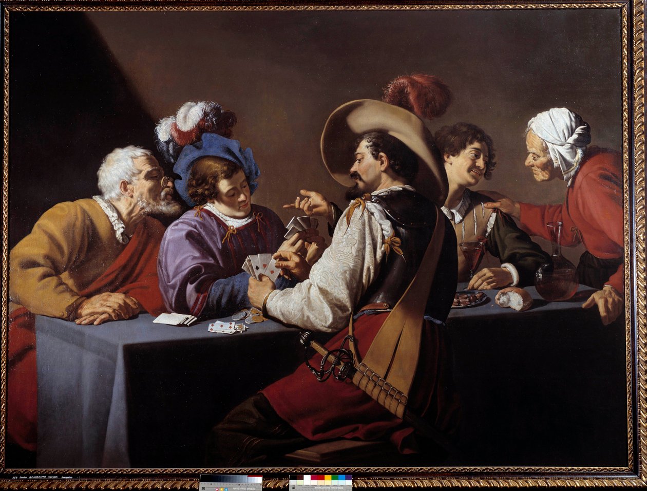Kaartspelers, de brelan Schilderij door Theodore Rombouts (1597-1637) 17e eeuw Antwerpen, Koninklijk Museum door Theodor Rombouts