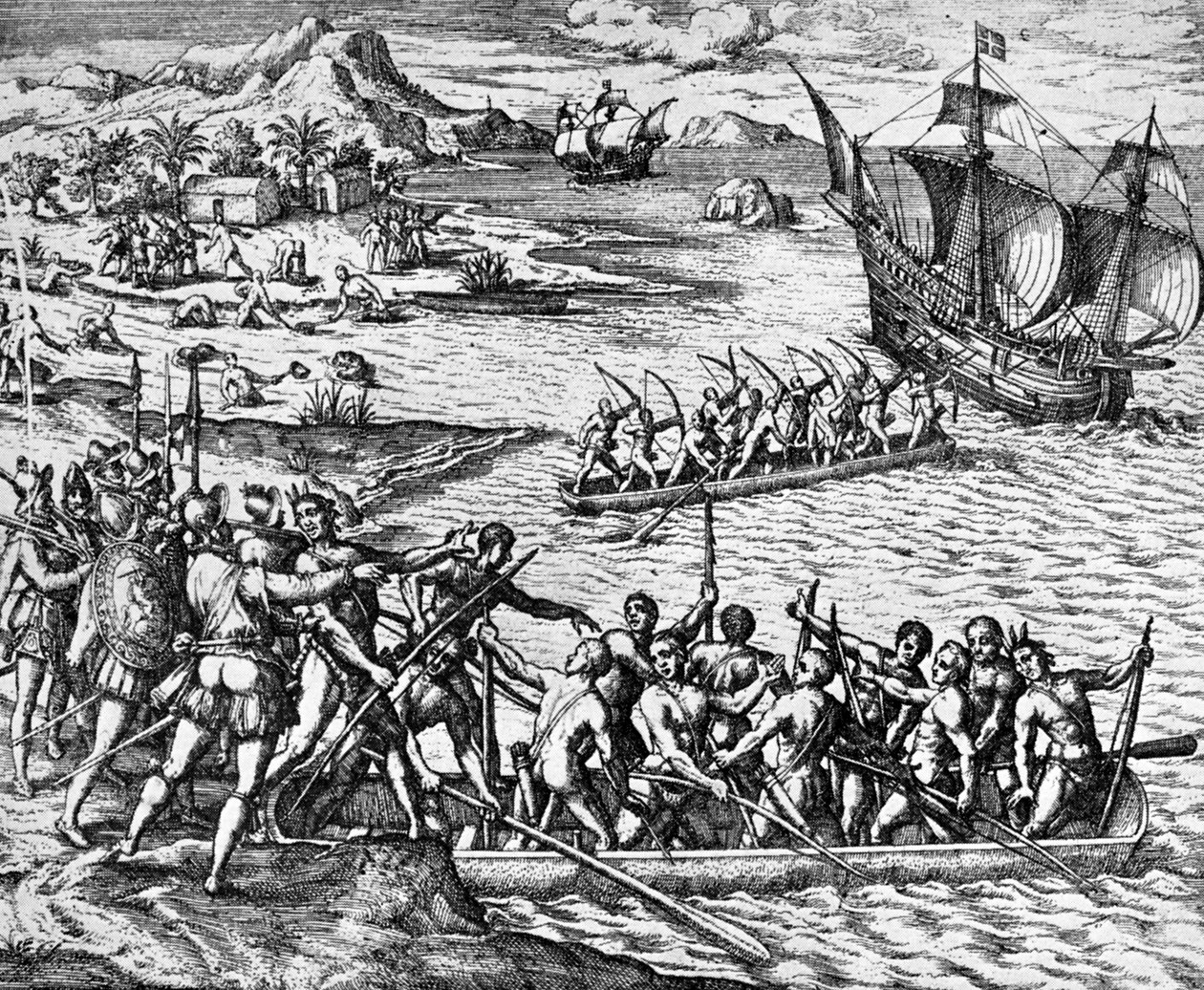 Een aanval door Indianen, La Herradura gepubliceerd in 1930 (gravure) door Theodor de Bry