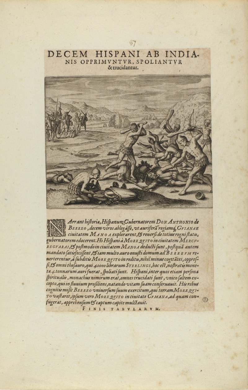 Decem Hispani ab India-/nis Opprimuntur, Spoliantur/and Trucidantur. (uit boek, Americae, delen zeven en acht) door Theodor de Bry