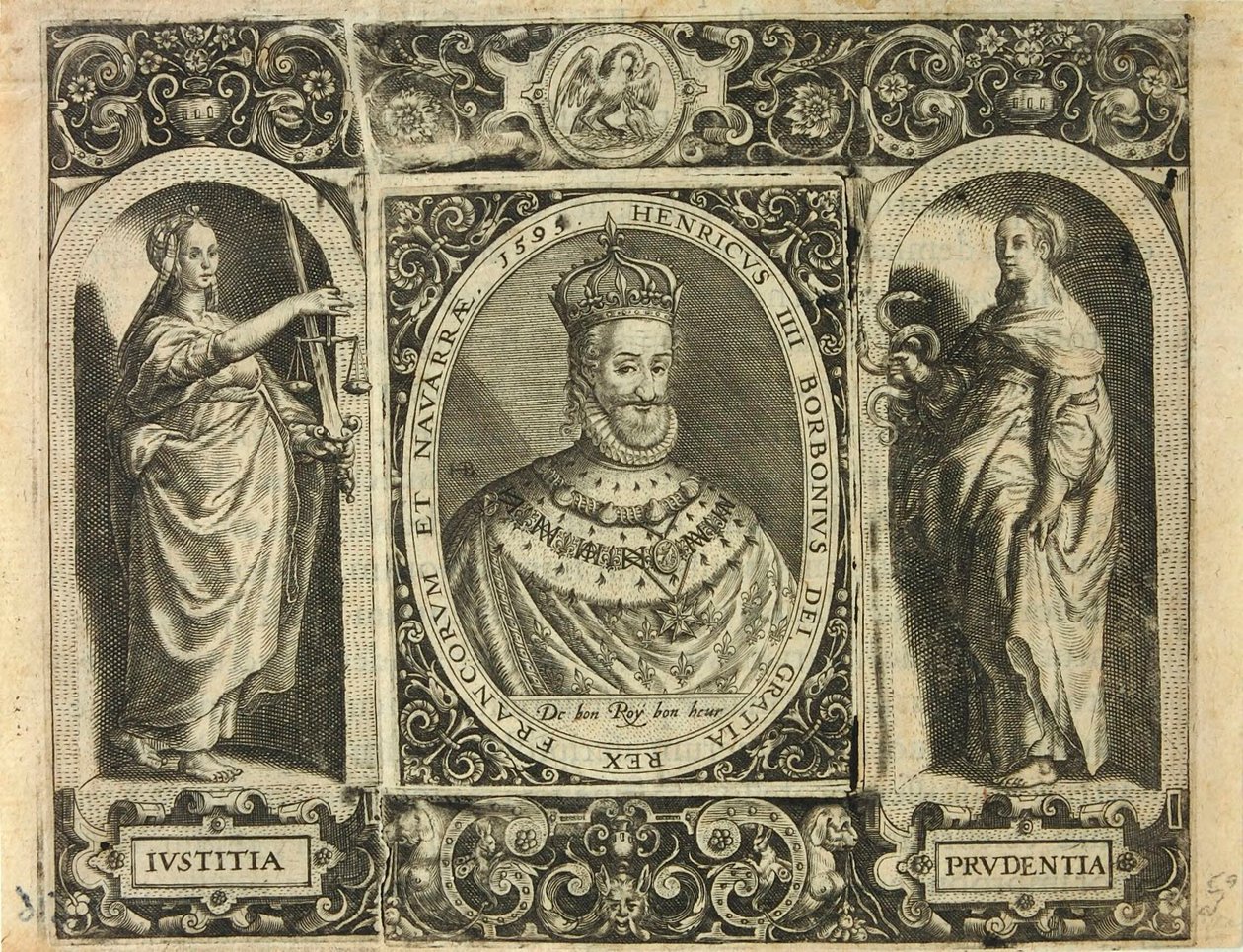 Henricus IIII Borbonius Dei Gratia Rex Francorum et Navarrae 1595 / Bry, Jean Théodore de door Theodor de Bry