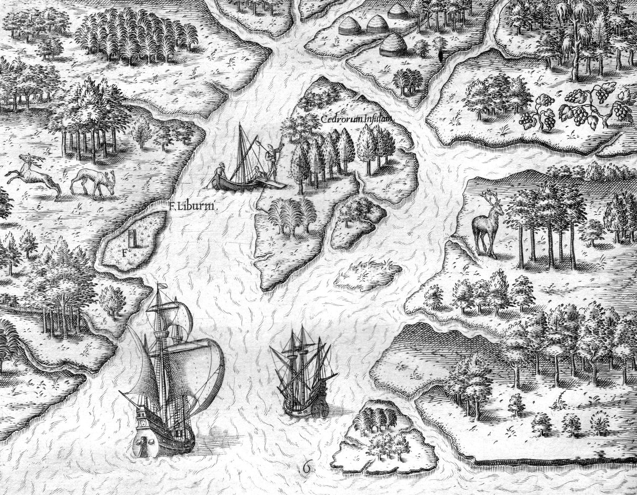 Jean Ribault plaatst een kolom met de wapens van de koning van Frankrijk bij Charlesfort door Theodor de Bry
