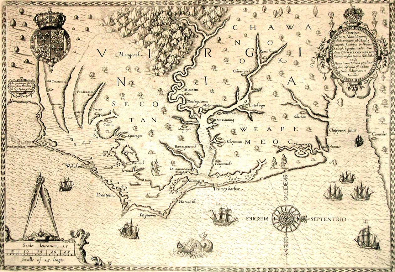 Kaart van 1590 gegraveerd door Theodore de Bry naar aquarel van de Engelse kolonist John White, gouverneur van Roanoke. Virginia en kust met kleine eilanden en Roanoke aan de monding van de rivier. Secotan en Weapemeoc inheemse gebieden. door Theodor de Bry