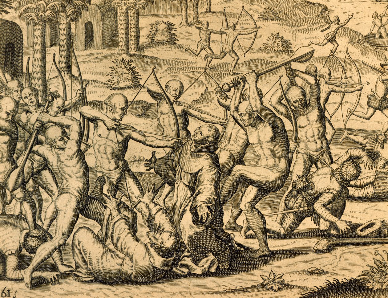 Martelaarschap van missionarismonniken in Zuid-Amerika, gravure uit Historia americae, door Theodor de Bry door Theodor de Bry