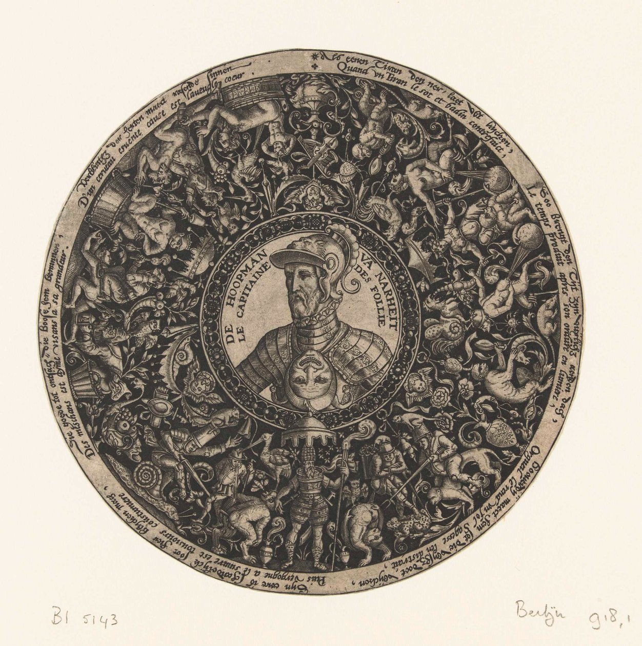 Medaillon met buste van de Kapitein van Dwaasheid, Theodor de Bry, ca. 1577 - ca. 1578 door Theodor de Bry
