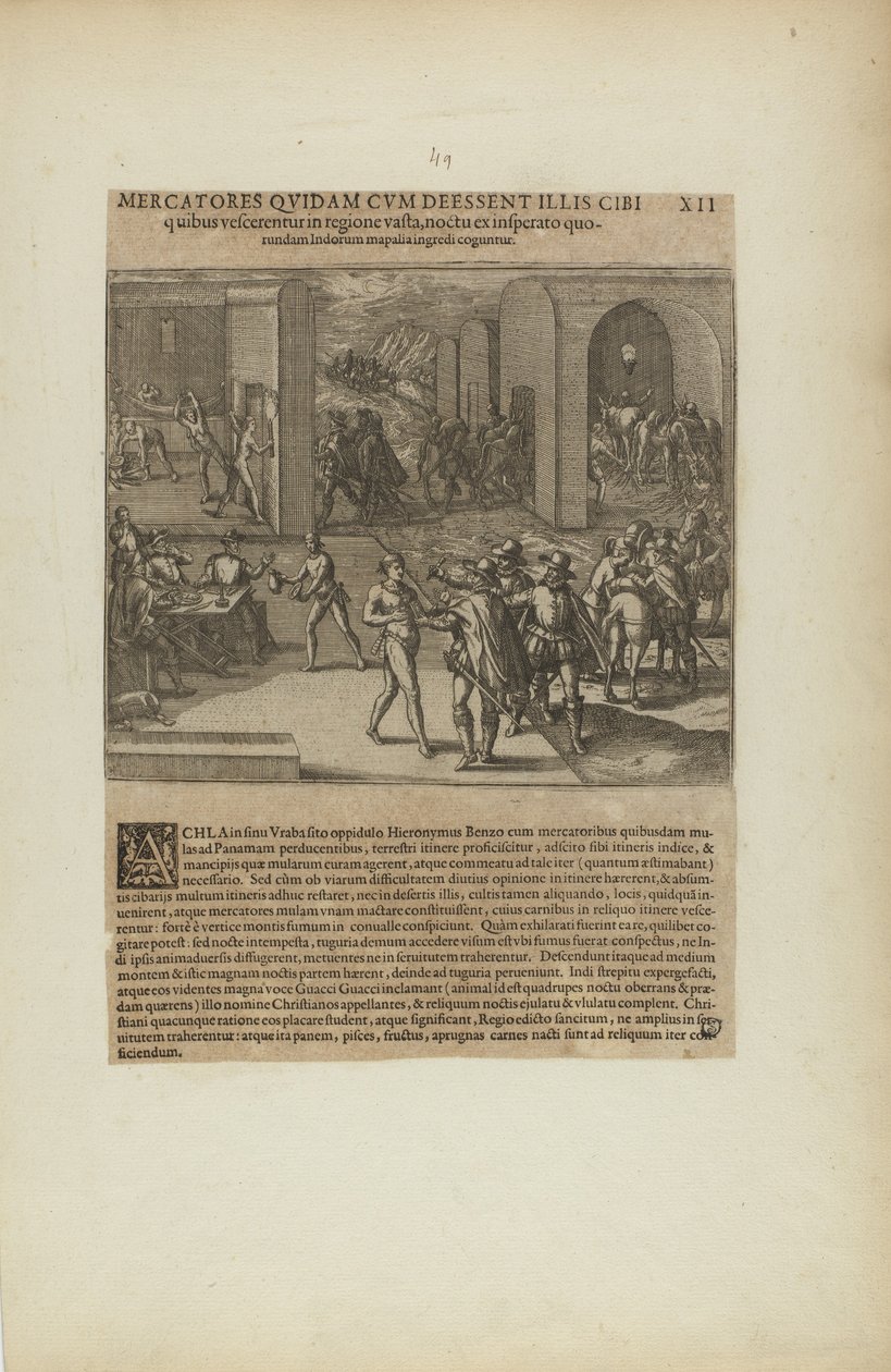 Mercatores Quidam cum Deessent Illis Cibi/Quibus Vescerentur in.... (uit boek, Americae, deel vijf) door Theodor de Bry