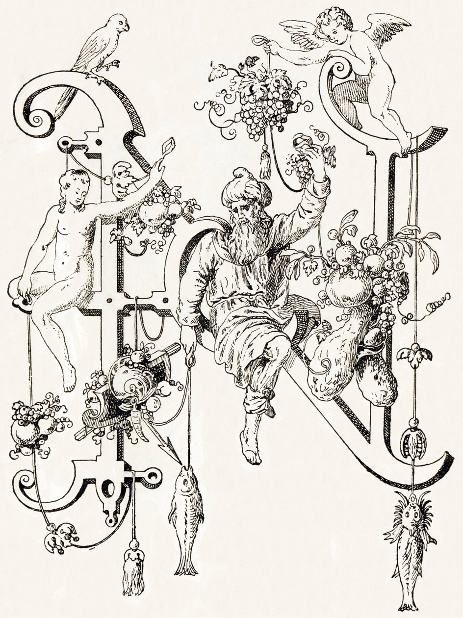 N - De wijze Natham - Alfabet door T. de Bry (nieuw artistiek alfabet) door Theodor de Bry