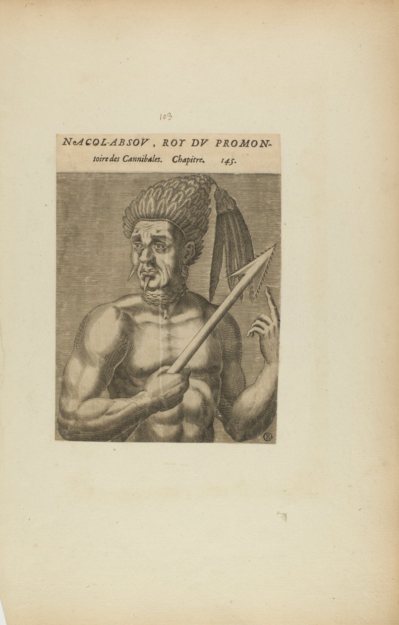 Nacol-Absov, Roi Du Promon-/toire des.... (uit het boek, Les Vrais Pourtraits et Vies des Hommes Illustres) door Theodor de Bry