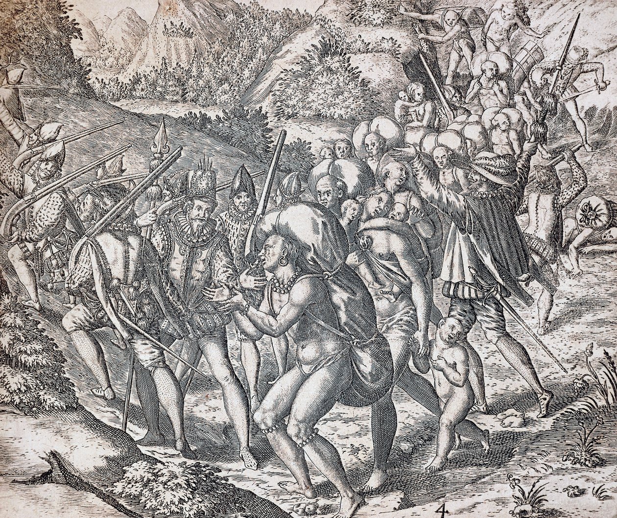 Inboorlingen worden aan boord van schepen gebracht om als slaven naar Sevilla te worden gebracht door Theodor de Bry