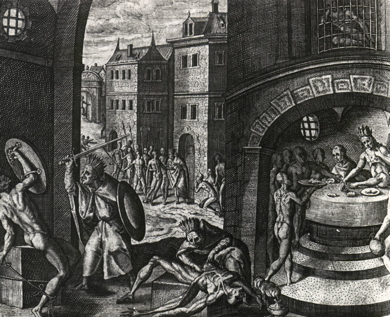 Priester doodt slachtoffer van nepgevecht en vilt vervolgens het lichaam, Mexico, gravure uit Peregrinationes, door Theodor de Bry (1528-1598), Midden-Amerika door Theodor de Bry