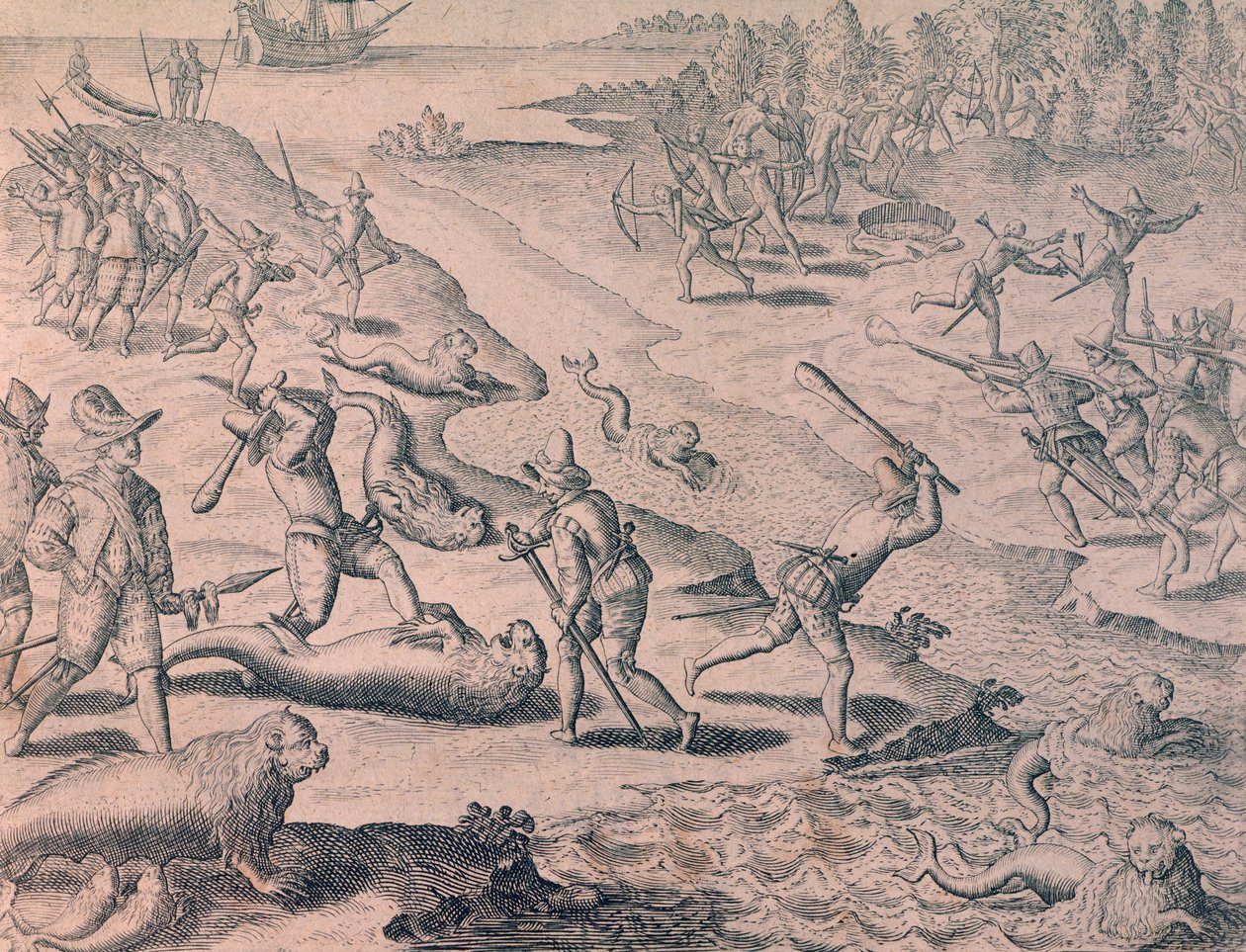 Slachting van zeeleeuwen door ontdekkingsreizigers door Theodor de Bry