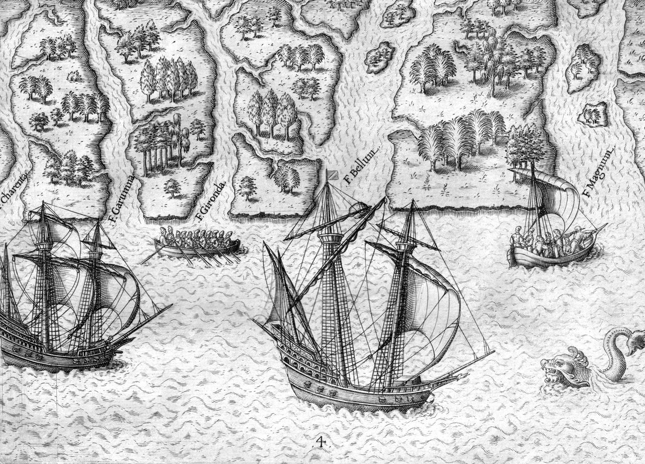 De Franse verkennen zes rivieren aan de kust van Florida door Theodor de Bry