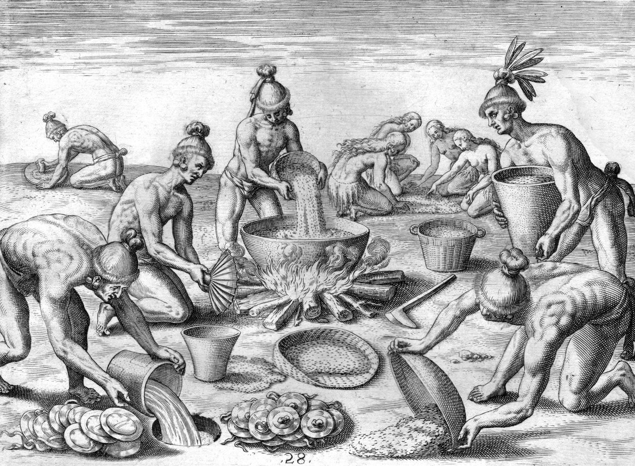 Timucua-indianen bereiden een feestmaal voor door Theodor de Bry