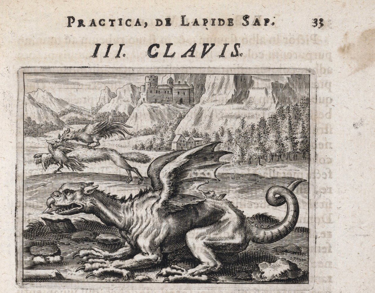 Een draak, op de achtergrond een kippenstelende wolf, aangevallen door een haan door Theodor de Bry