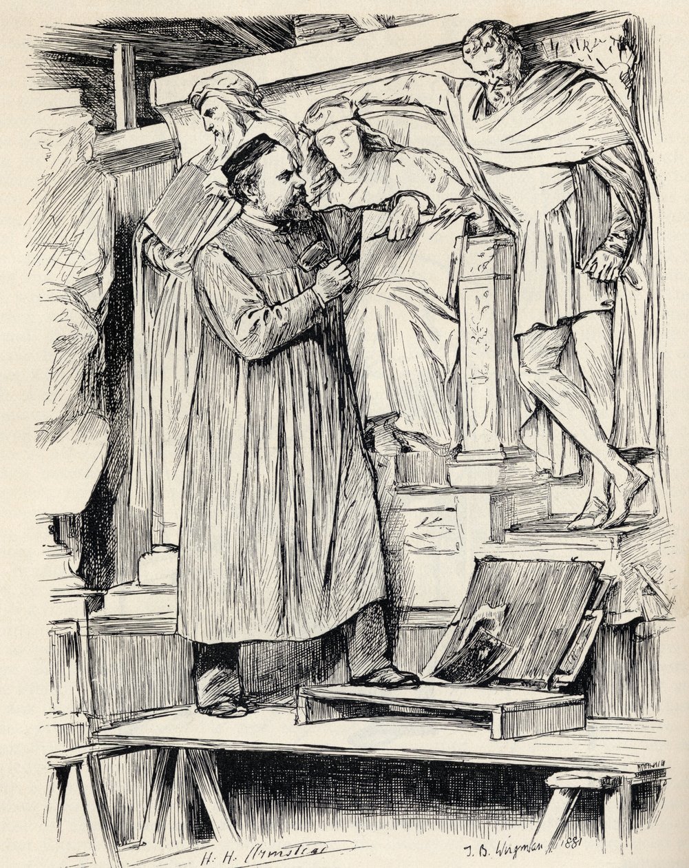 Armstead aan het werk, gravure naar een tekening van Wirgman, uit 
