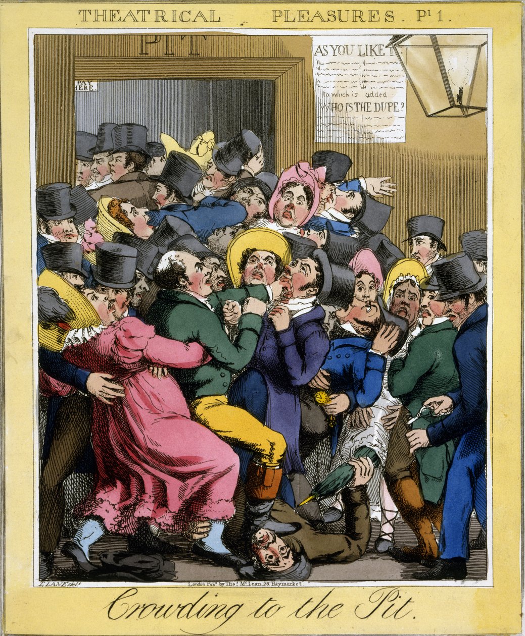 Drukte naar de put, plaat 1 uit Theatrical Pleasures, uitgegeven door Thos. McLean, Londen, 1821 door Theodore Lane