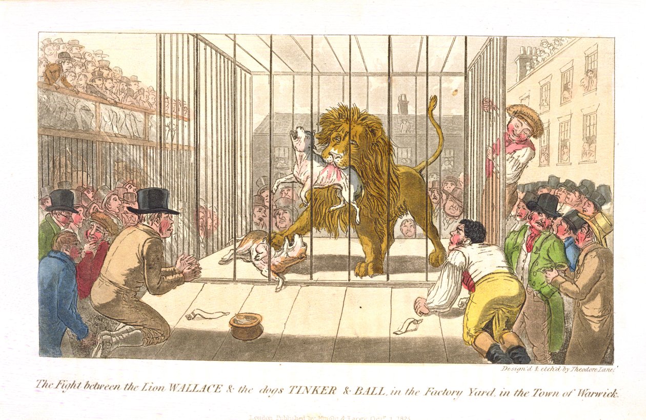 Het Gevecht tussen de Leeuw Wallace en de Honden Tinker en Ball in de Fabriekswerf in de Stad Warwick, uit 