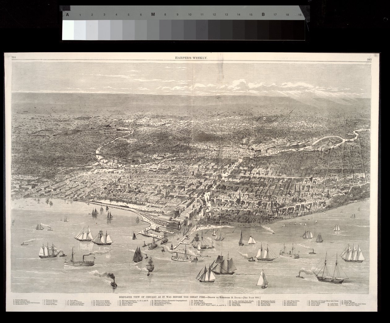 Vogelvlucht van Chicago zoals het was voor de grote brand, 1871 door Theodore Russell Davis