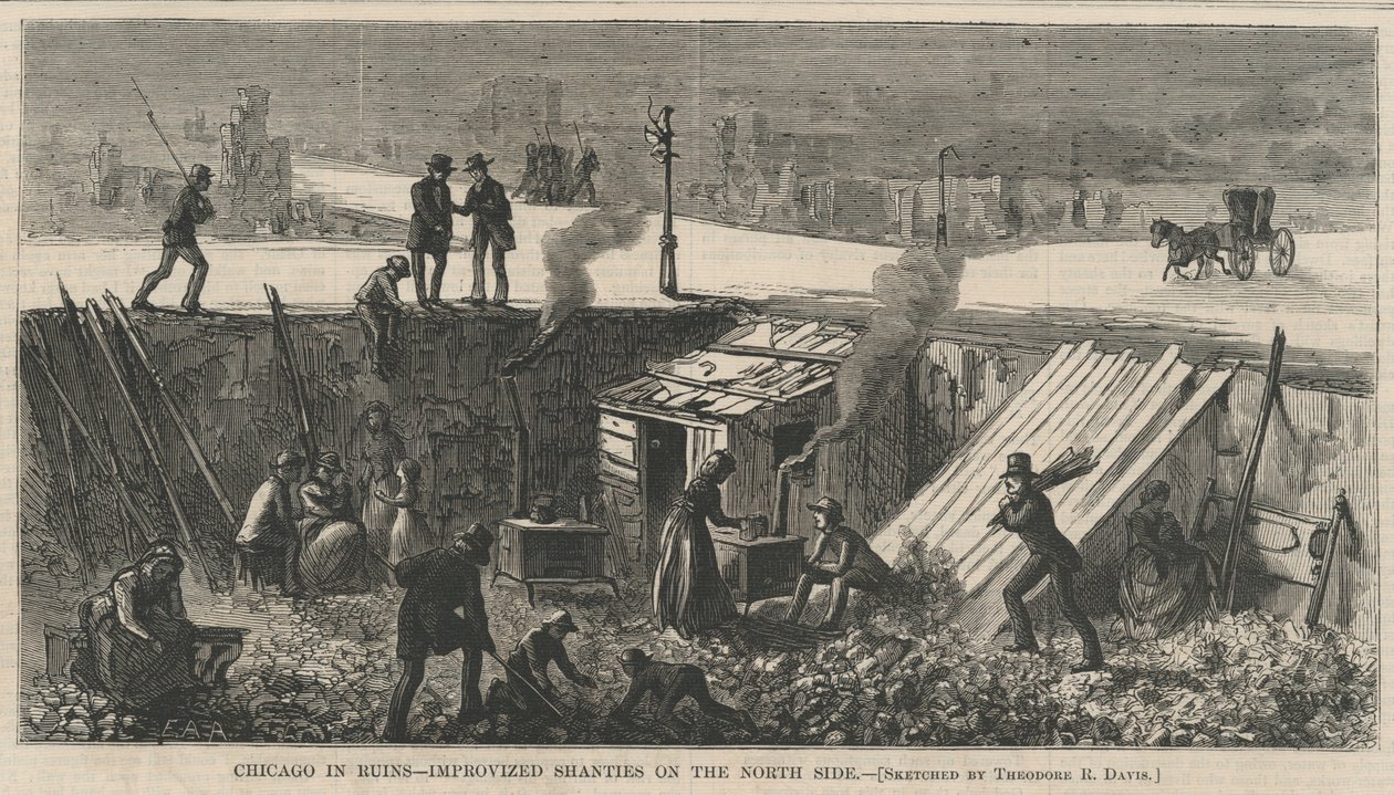Chicago in Ruïnes - Geïmproviseerde hutten aan de noordkant, illustratie uit Harper