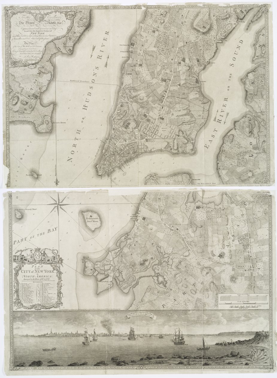Plattegrond van de stad New York in Noord-Amerika onderzocht in de jaren 1766 en 1767 gepubliceerd in Faden