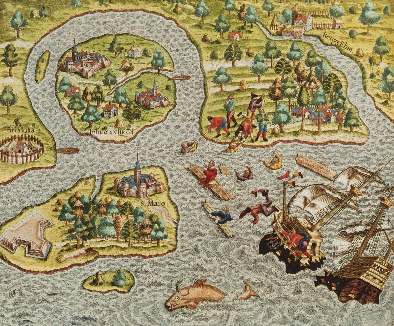 Een Schipbreuk aan een Barbaarse Kust, uit Americae Tertia Pars.., 1562 door Theodore de Bry