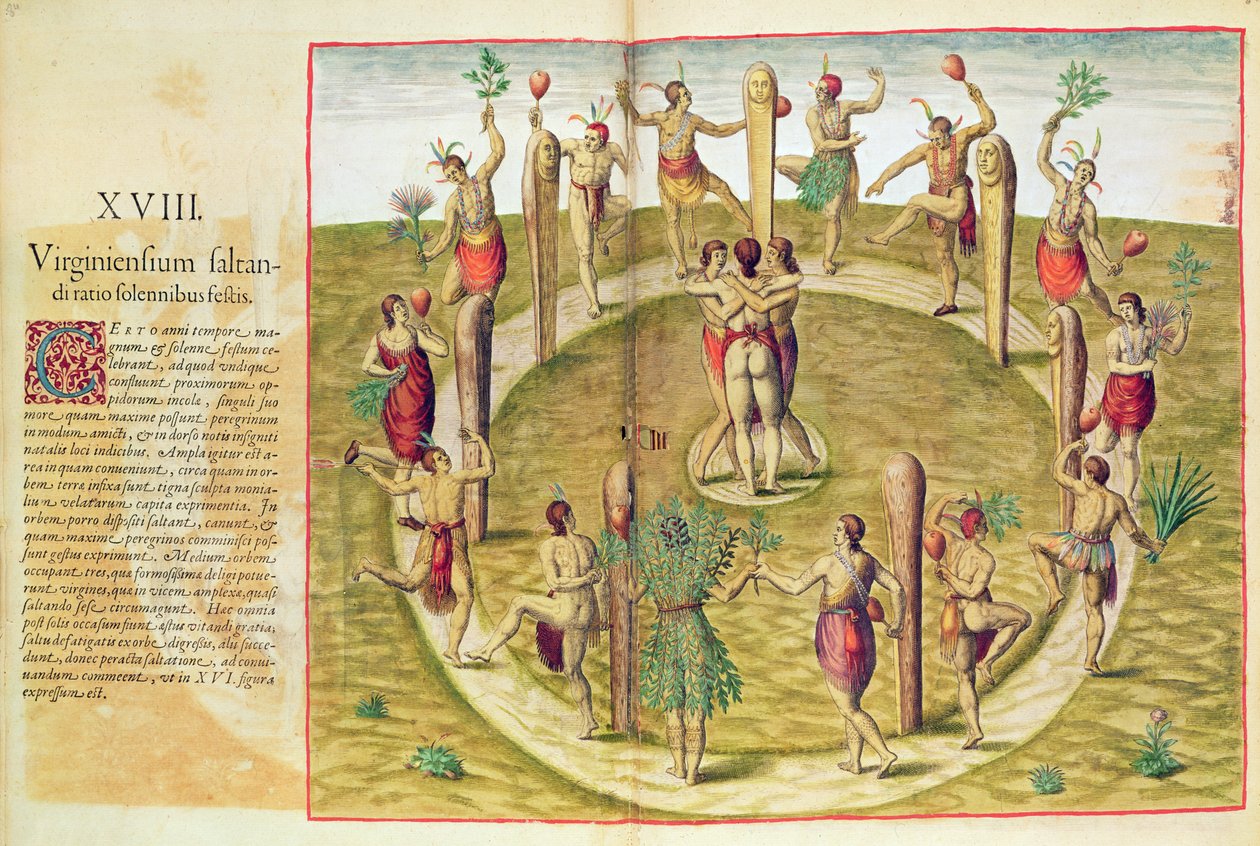 Admiranta Narratio, het Virginische rituele dans van vriendschap (pagina 85), 1585-88 door Theodore de Bry
