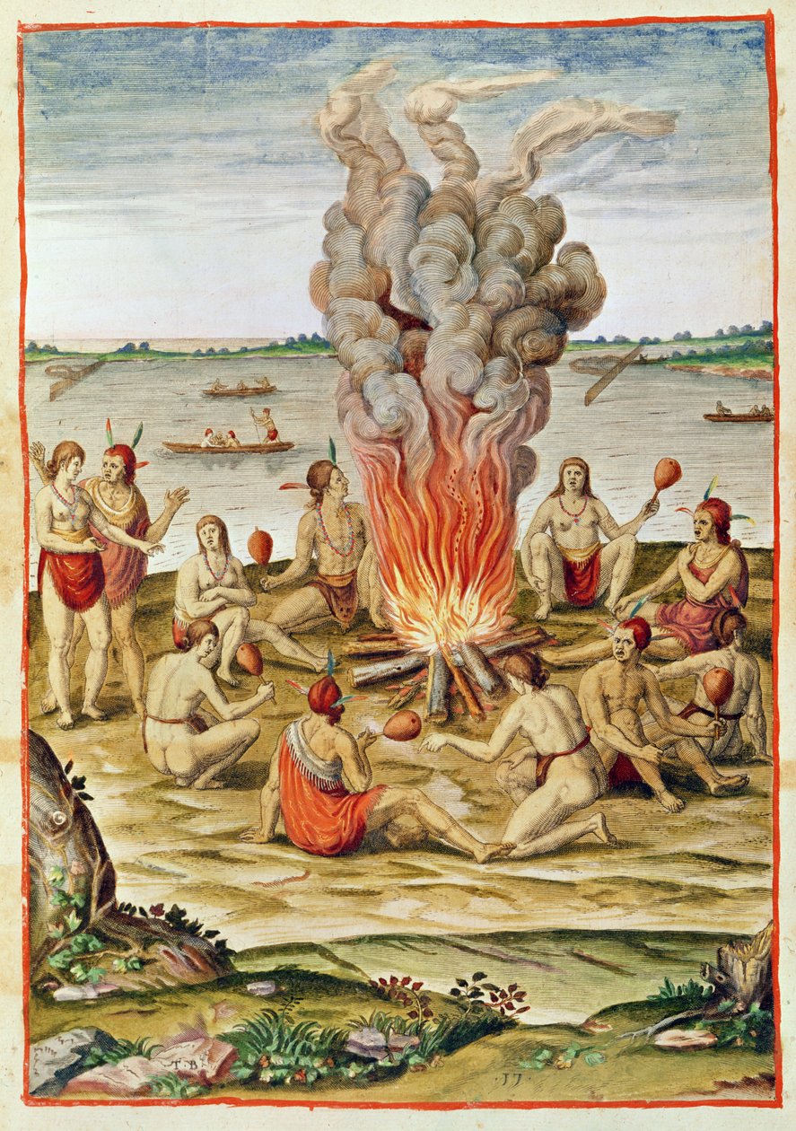 Admiranta Narratio, de viering van een overwinning rond een vuur (pagina 79, plaat 17), 1585-88 door Theodore de Bry