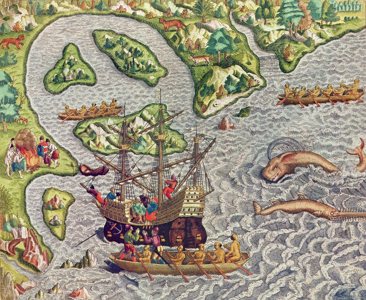 Americae Tertia Pars, aan boord van ons schip met behulp van een barbaarse boot (pagina 333), 1562 door Theodore de Bry