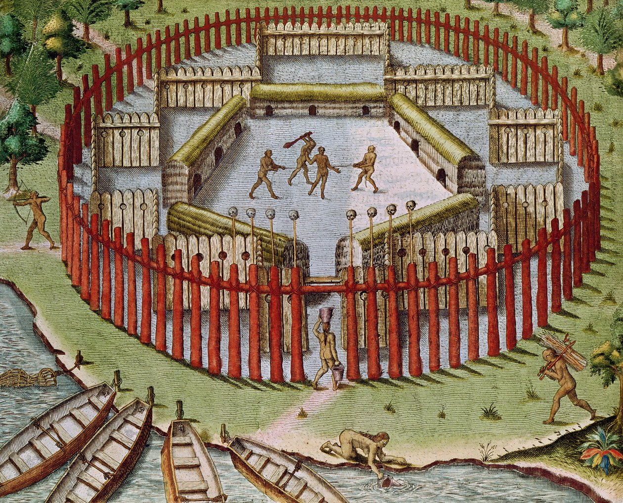 Een Indiaans dorp, uit 'Americae Tertia Pars..', 1562
