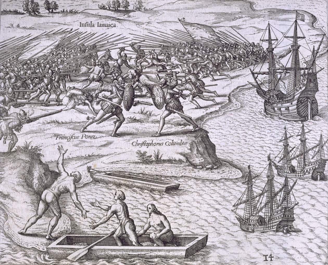 Slag in Jamaica tussen Christopher Columbus (1451-1506) en Francisco Poraz, 1504, uit 