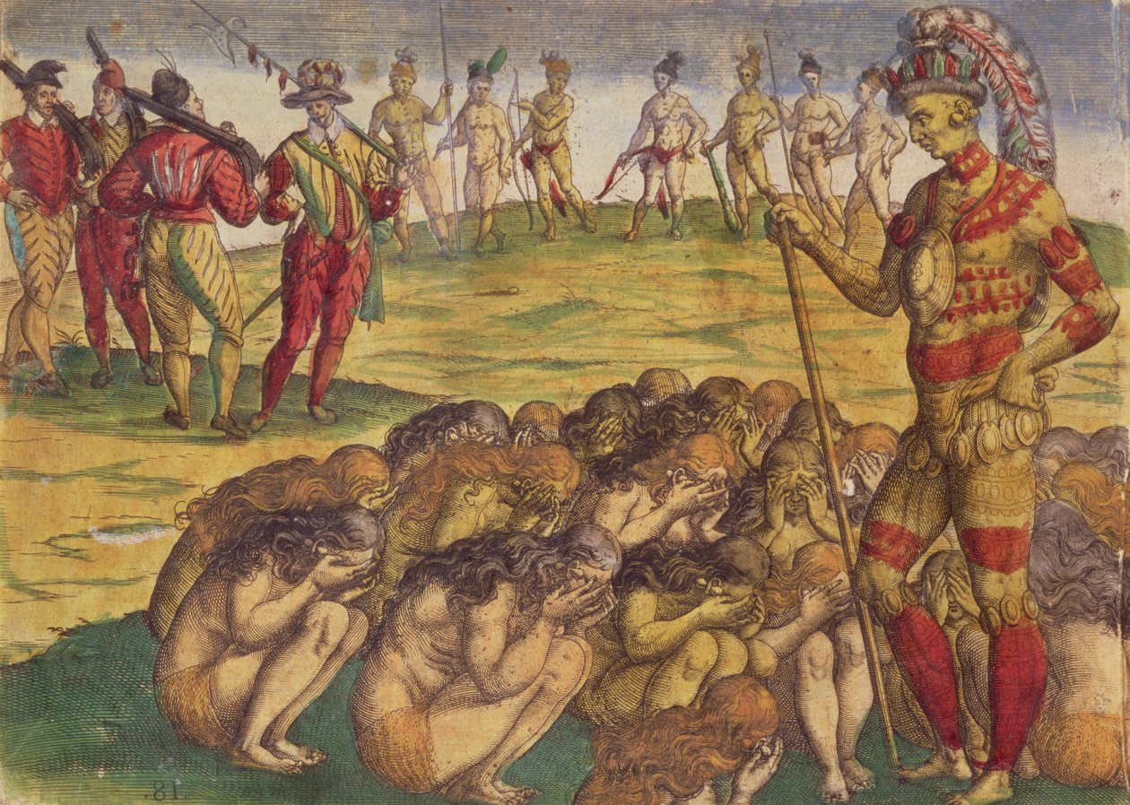Verovering van de Azteken door de Spaanse kolonisten, boekillustratie, ca. 1550 door Theodore de Bry