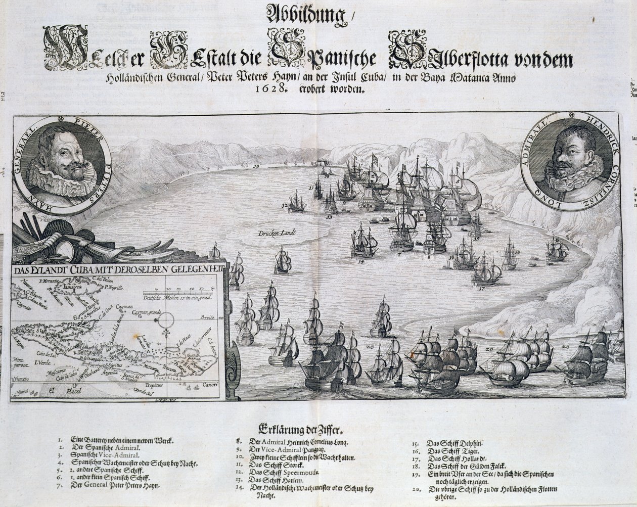 Verovering van de Spaanse vloot door de Nederlanders onder admiraal Piet Heyn (1578-1629) bij Matanzas, Cuba, 1628, uit 