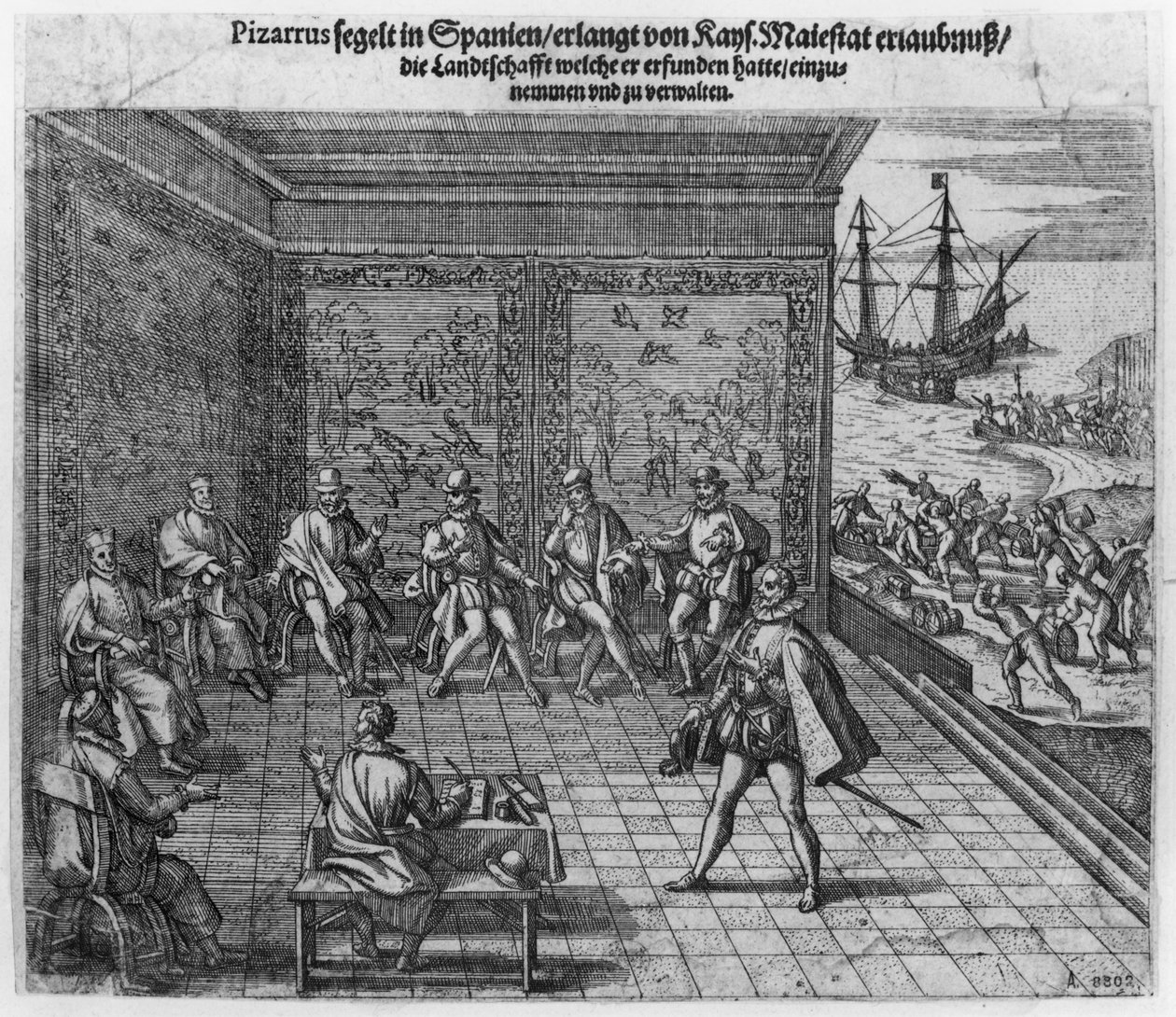 Francisco Pizarro vraagt de steun van het keizerlijk hof voor het bestuur van Peru door Theodore de Bry