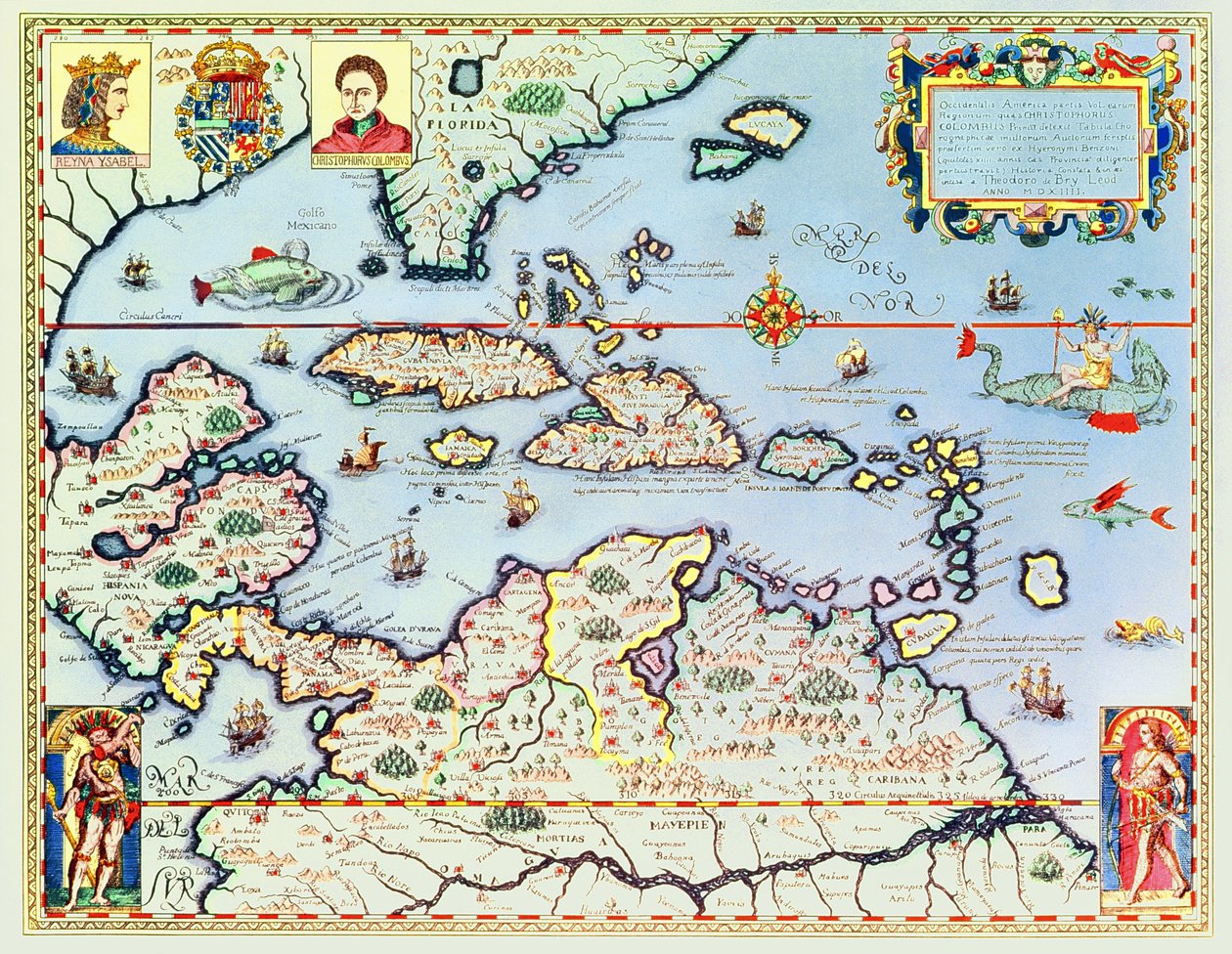 Kaart van de Caribische eilanden en de Amerikaanse staat Florida door Theodore de Bry