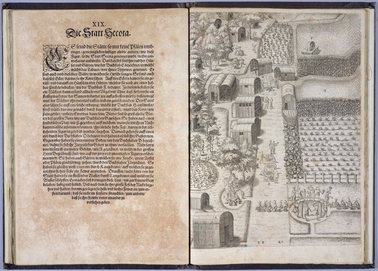 Pagina XIX met Secota Village, uit 
